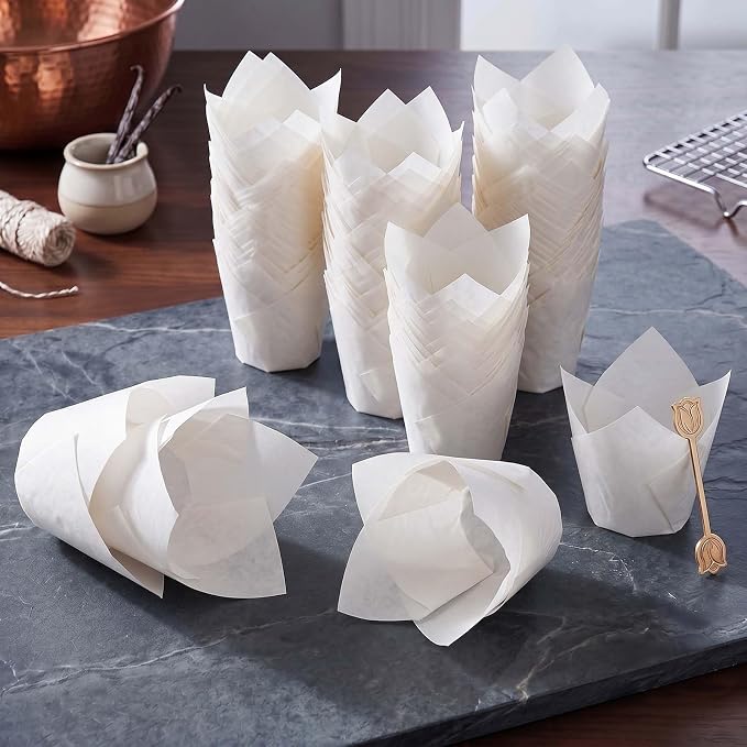 200 Pcs White Tulip Cupcake Liners for Baking, Standard Size | Standard Greaseproof Tulip Muffin Liners for Baking, 3oz White Paper Cupcake Wrappers for Party Wedding Birthday