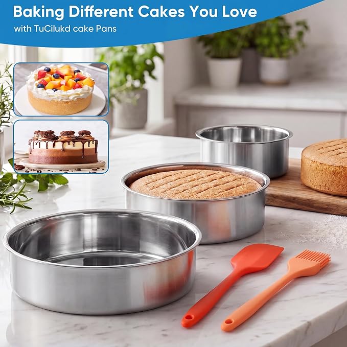 4 6 8 Inch 3-Piece Round Cake Pan Set with 150 Parchment Paper Liners, Stainless Steel Baking Pans with Handles, Includes Silicone Brush & Spatula, Layer Cake Baking Set for Cheesecake, Birthday Cake