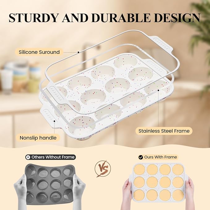 Vinino Silicone Muffin Pan for Baking with Metal Reinforced Frame, 12 Cups Regular Size Silicone Cupcake Pan with Non-Slip Handle, Nonstick Muffin Tray for Oven, BPA Free, Dishwasher Safe