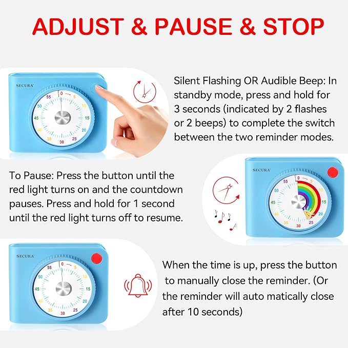 Secura Rainbow Visual Timer for Kids, 60-Minute Countdown Timer | ADHD Timer for Time Management, No Ticking for Focus, Mute & Beep Alert Modes, Pause function, Magnetic Backing, Stand (Blue)