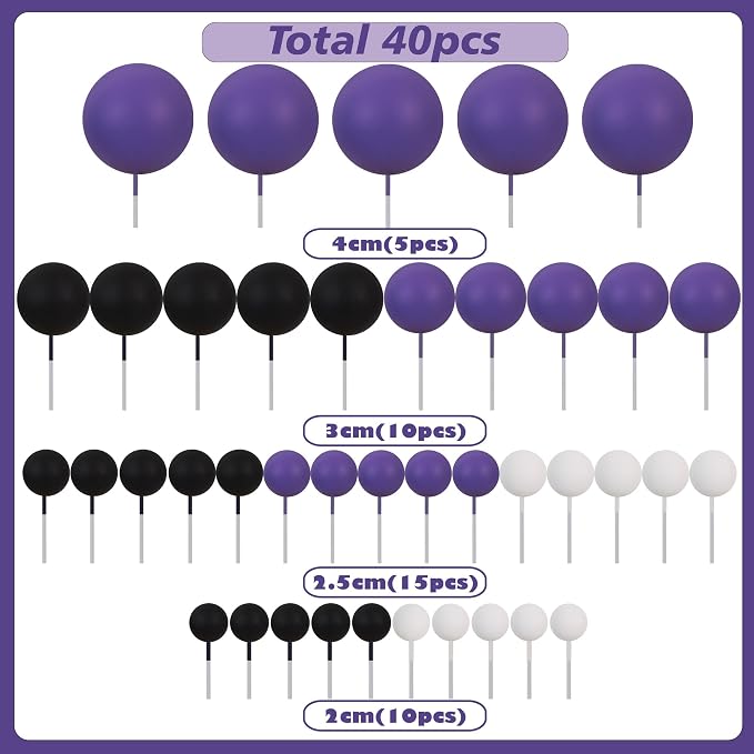 BEISHIDA 40 pcs Foam Ball Halloween Cake Toppers with Sticks Perfect for Graduation Halloween Cake Decor Birthday Graduation Congrats 2026 Cake Decoration Wednesday Theme Party(Black, White, Purple)