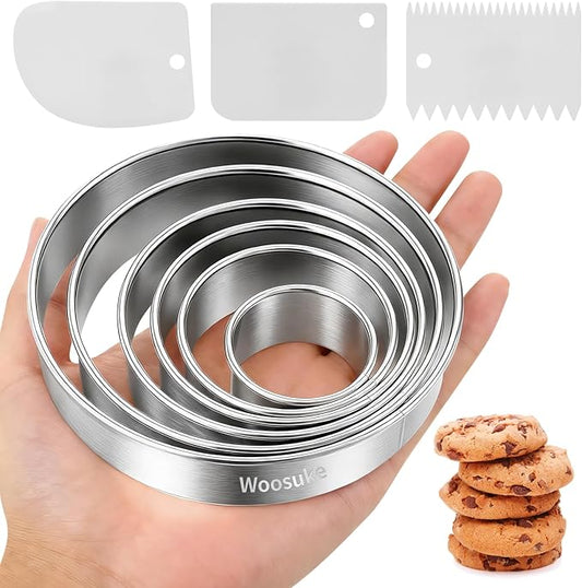 9Pcs Round Cookie Cutter Set - Stainless Steel Biscuit Cutters(2,3,3.5,4,5,6Inch) with 3 Firm Plastic Dough Scrapers – Large Circle Cookie Cutter for Baking Pastry, Donuts, Fondant & Brownies