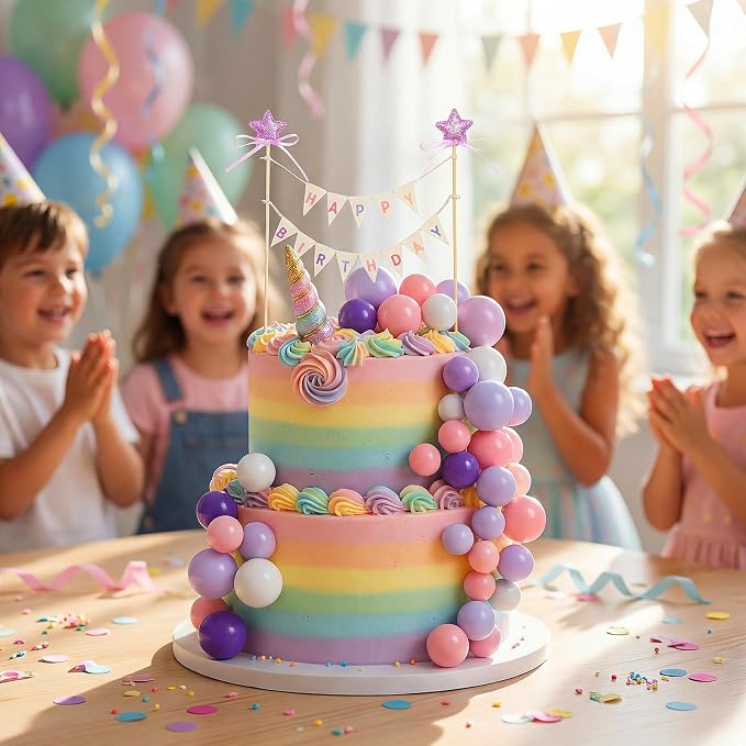 31 Pcs Happy Birthday Cake Topper Cake Bunting Topper Banner with Wood Pole Rainbow Garland with Bow Ribbon Balloon, Mini Cupcake Decor for Birthday Baby Shower (Purple,Pink,Blue)