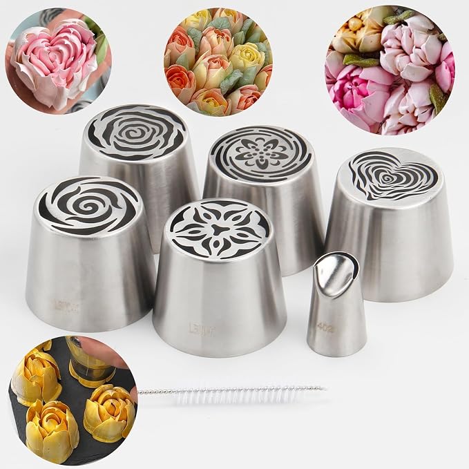 5pack Russian Piping Flower Nozzles Extra Large, Stainless Steel Rose Floral Piping Nozzles for Cake Decorating Icing, Cream Flower Bouquet DIY Cookies, Desserts Baking Tools (XXL, 5B）