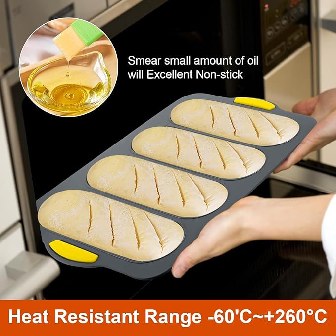 2 Pack Silicone French bread loaf Bread Pan - 4 Hole Non-Stick French Loaf Pan, Reusable Easy Release Baking Tool for Homemade French bread loaves, French Bread, Rolls & Romantic Dinner
