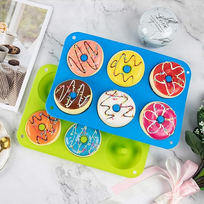 2er Pack Silicone Donut Mold - Non-Stick Silicone Doughnut Pan DIY Chocolate Baking Cookie Molds, Heat Resistant, Make Donut Cake Biscuit Bagels, BPA Free Dishwasher Safe (blue, 6 Cavities)