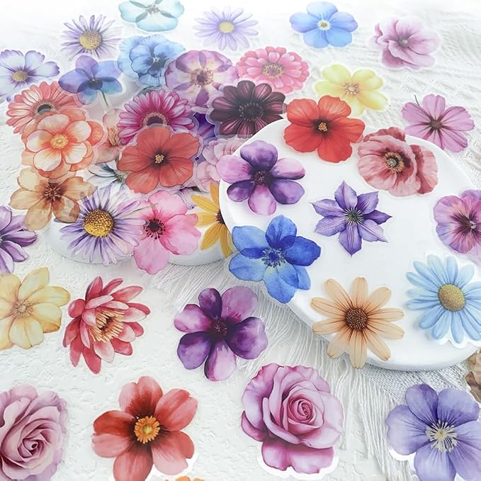 Flower Stickers,100pcs Vintage Flower Aesthetic Stickers Spring Colorful Flower Waterproof Decorative Decals for Journaling Scrapbooking Planners Laptops Favors Supplies