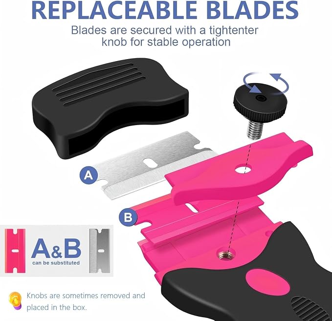 4 PCS Razor Blade Scraper with 40Pcs Metal and 40Pcs Plastic Blades, 2-in-1 Cleaning Scraper Tool for Cooktop Oven Floor Window Glass Car (Pink)