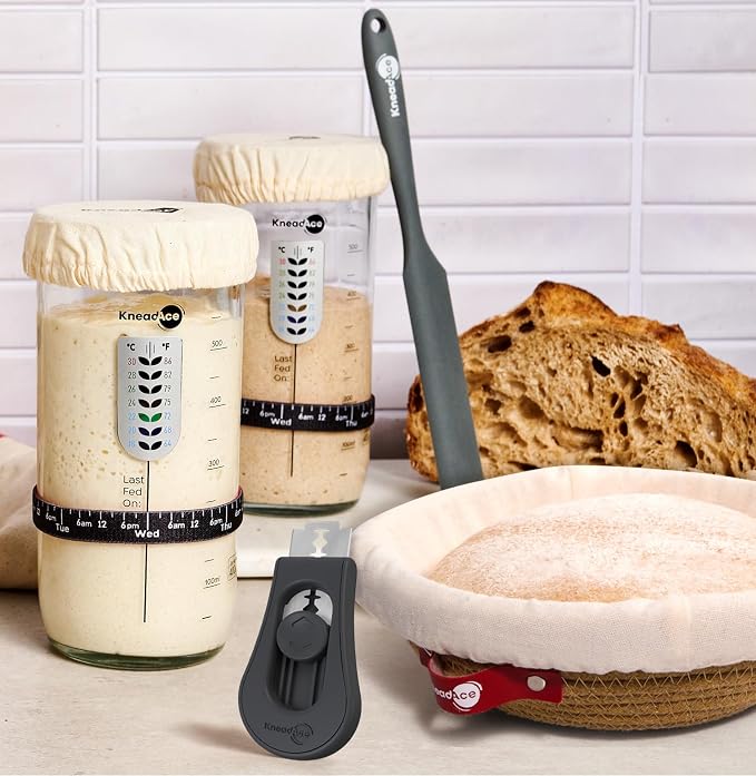 KneadAce Sourdough Starter Kit – 24oz Starter Jar, 2 Cotton Rope Banneton Proofing Baskets, Magnetic Bread Lame for Scoring – Gift for Bakers & Complete Sourdough Bread Baking Set