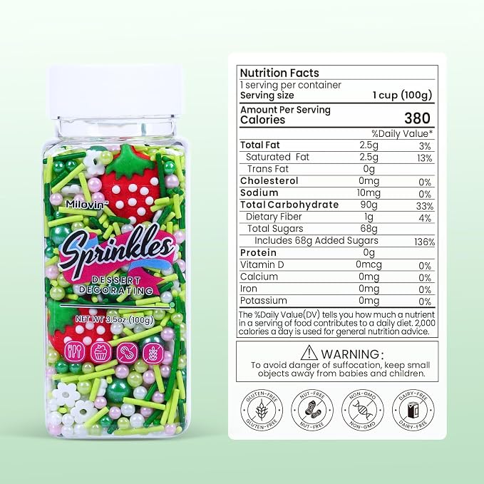 Edible Strawberry Cake Decorations, Spring Sprinkles, Edible Pearls, Jimmies Green Sprinkle, Perfect for Weddings, Parties, Spring Theme with 4 Strawberries (3.5oz/100g)