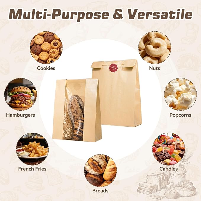 25 Pcs Bread Bags for Homemade Bread, Paper Sourdough Bags with window, Large Bakery Loaf Bag with Stickers for Cookies, Popcorns, Hamburgers 14.2"x8.3"x3.6"