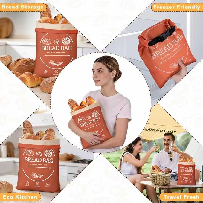 Bread Bags for Homemade, Beeswax Reusable Bread Bag for Sourdough, 1 Pack 17×13 Inches XL-Waxed Food Storage Bag to Keep Sourdough Fresh, Freezer-Safe, Eco-Friendly (Orange)