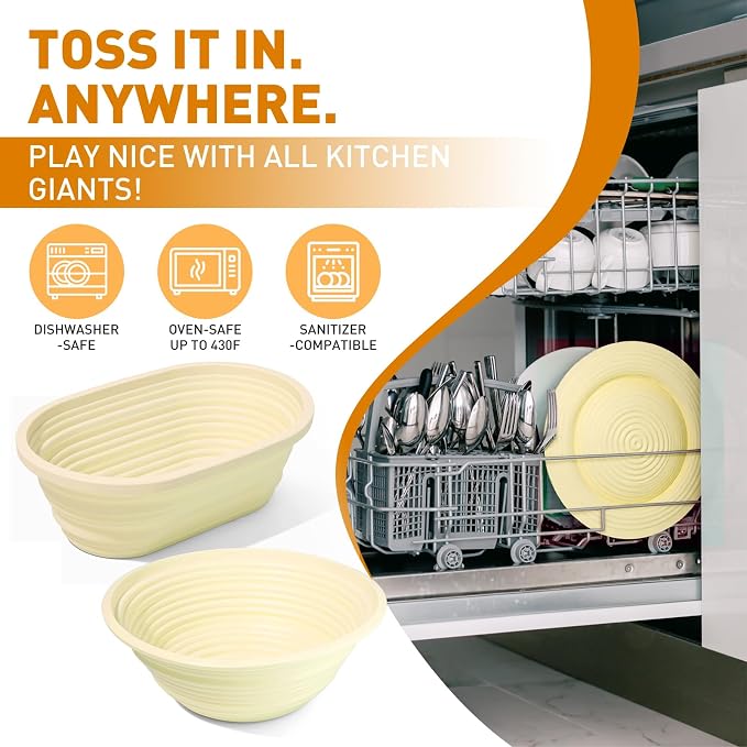 Sourdough Starter Kit,9" Round & 10" Oval Silicone Banneton Bread Proofing Basket Set with Reinforced Support,Sourdough Bread Baking Supplies Kit,34oz Sourdough Starter Jar,Baking Mat(Yellow)