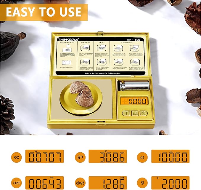 THINKSCALE Milligram Scale 50g x 0.001g, Powder Scale for Reloading Gold | Mg Scale for Powder & Reloading, 50g Calibration Weight, Scoop, Pan, Tweezers, Tare, LCD Display