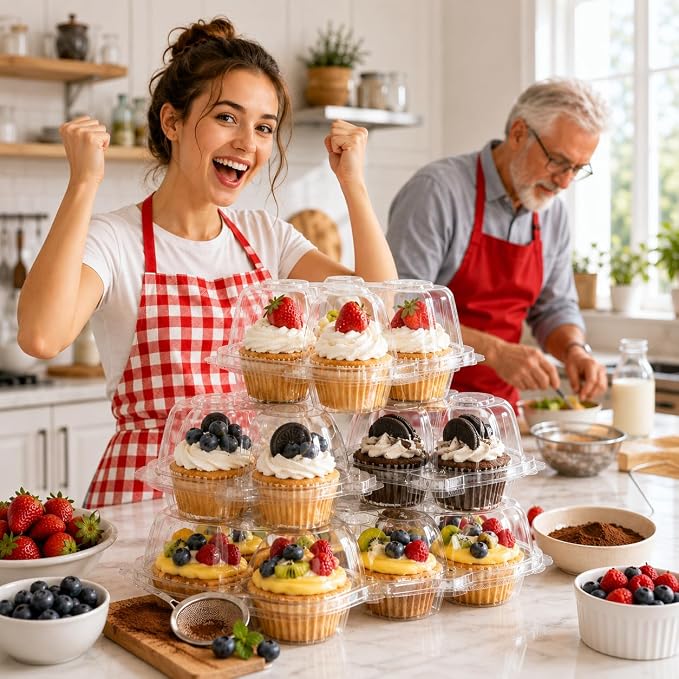 2/4/6 Count Cupcake Containers with Hinged Airtight Lids, Clear Plastic Cupcake Boxes, Stackable Single Cupcake Holders for Frosted Cupcakes or Muffins (40, 4 Count)