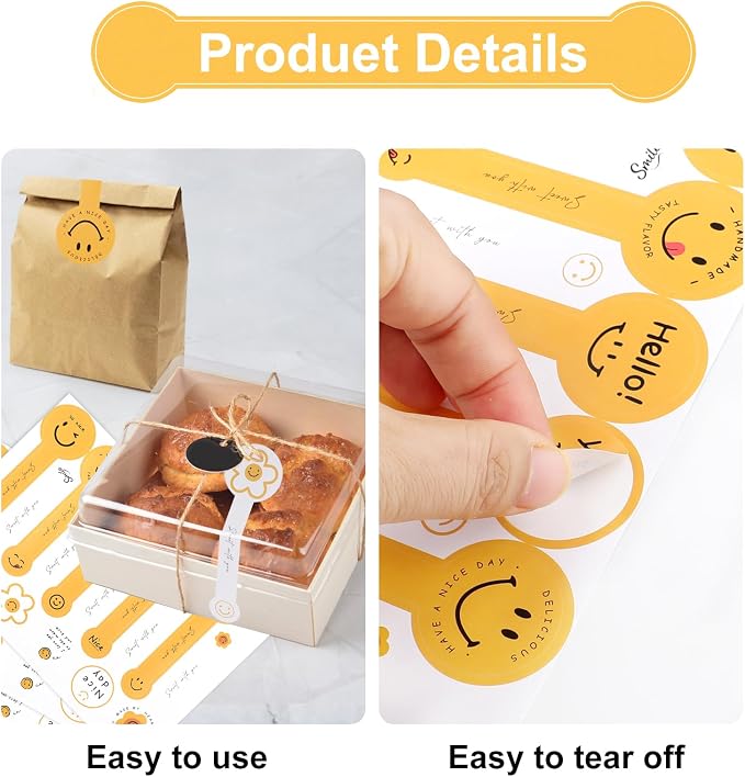 400Pcs Handmade Food Baking Seal Stickers Labels,Smiling Face Long Label Bakery Stickers,Self-Adhesive Goods Bakery Sticker Sealing Tamper Proof Sticker for Pastry Bags Lollipops Candy Cake