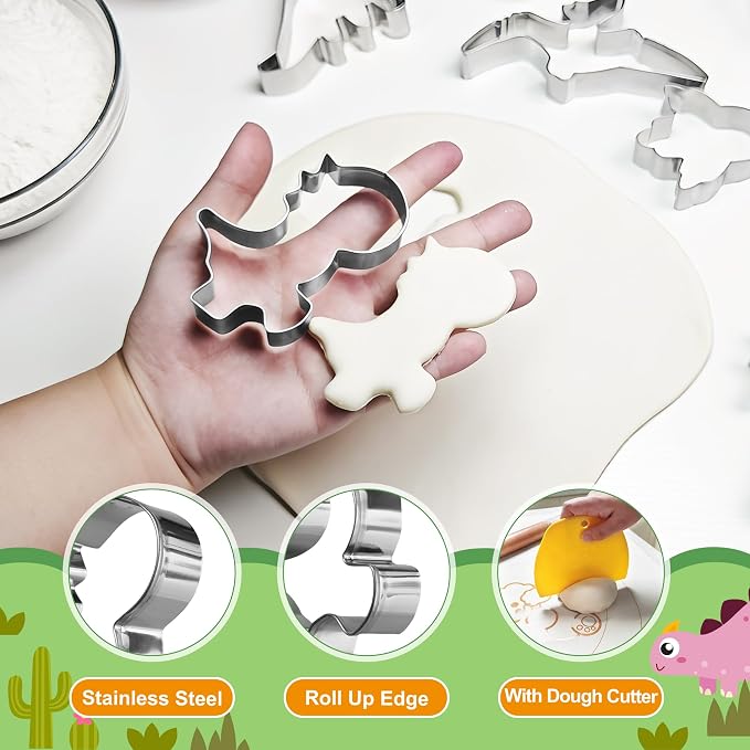Dinosaur Cookie Cutter Set - 12Pcs Mini Cookie Cutters Variety Pack with Dough Scraper, Stainless Steel Cookie Mold for Biscuits, Fondant, Sandwiches and Pancakes
