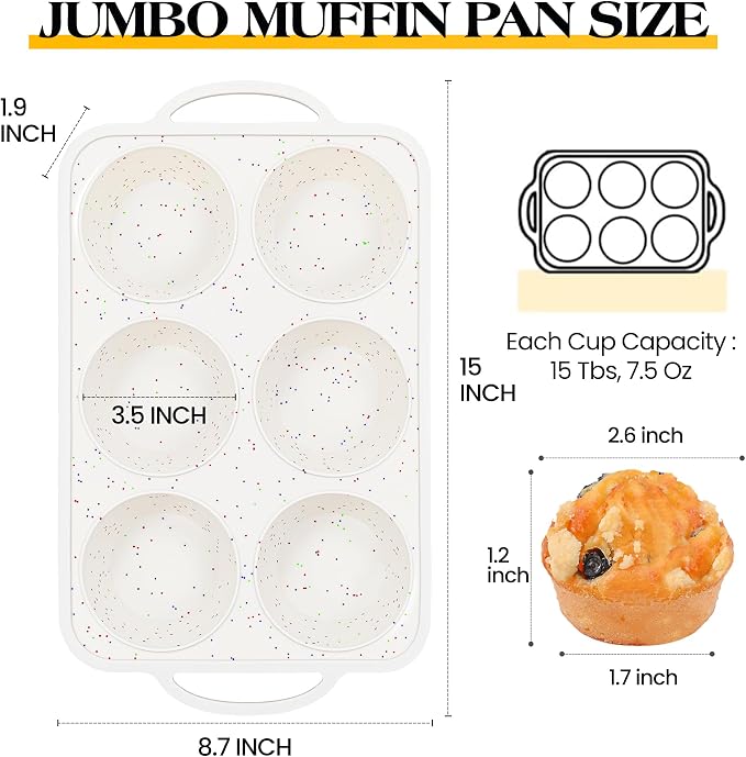 Jumbo Muffin Pan with Metal Frame Nonstick 6 Cup Extra Large Silicone Cupcake Pan for Baking, Deep Jumbo Muffin Tray for Egg Bites Muffins, Confetti Color Cream Gifts for Mom Home Baker（1 Pc）