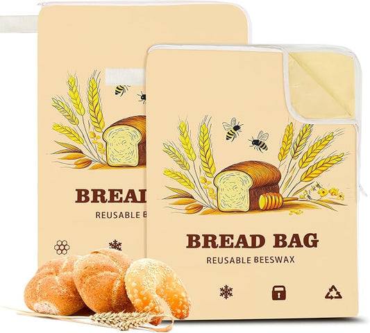 2 Pack Wide Zipper Access Beeswax Bread Bags for Sourdough Bread, Reusable Organic Linen Beeswax Bread Bag for Homemade Sourdough for Homemade Bag to Keep Fresh Longer, Kitchen Storage (Oatmeal)