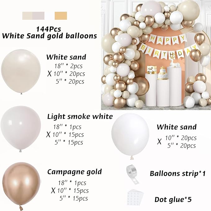 Sand White Gold Balloon Arch Kit - 144 pcs Beige, Sand White& Champagne Gold Balloons Garland for Birthday Wedding Bridal Shower Engagement Baby Shower Party Decorations