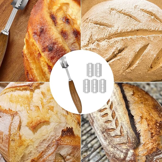 Bread Lame for Dough Scoring Knife Stainless Steel Sourdough Scoring Tool with 5 Blades and a Dark Brown Leather Cover