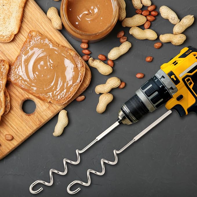 2pcs Peanut Butter Stirrers, 30cm/11.8in Stainless Steel Nut Butter Mixer Tool Drill Hand Mixers and Drills Accessory for Mixing Various Almond Peanut & Jam(Silver)