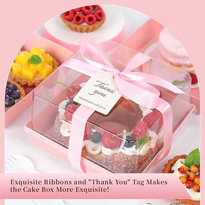 7 x 7 x 4 Inches Paper Cake Boxes with Clear Lids, 50 Pack Pink Large Charcuterie Square Food Containers, Valentine's Day Disposable Bakery Boxes for 4-6 Inch Bundt Cake, Pie, Dessert