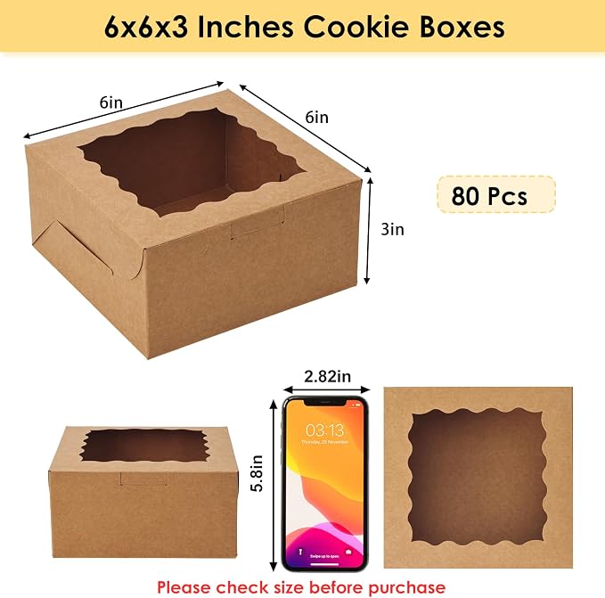 Moretoes 80pcs Brown Bakery Boxes with Window, 6x6x3 Inches Small Cookie Boxes for Treats, Pastries, Chocolate Covered Strawberries, Macarons, Cupcakes, Goodies, Donuts