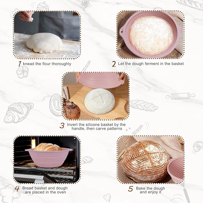 4Pcs Silicone Bread Proofing Basket, 9" Collapsible Sourdough Banneton with Dual Handles, Non-Stick Round Dough Proofing & Baking Bowl, Easy Clean, Oven Safe, BPA Free