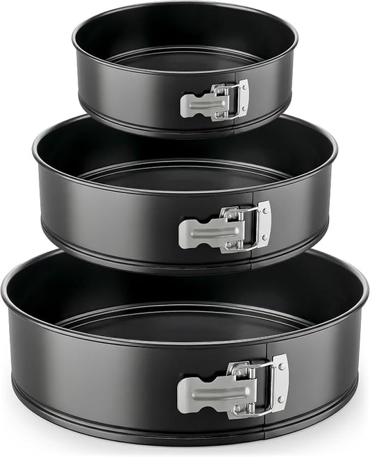 Nutrichef 3-Piece Nonstick Springform Pan Set - Premium Carbon Steel Cheesecake Pans with Stainless Steel Clasp - 6", 8", 10" Sizes, Oven Safe up to 450°F - Includes 300pcs Parchment Paper (Black)
