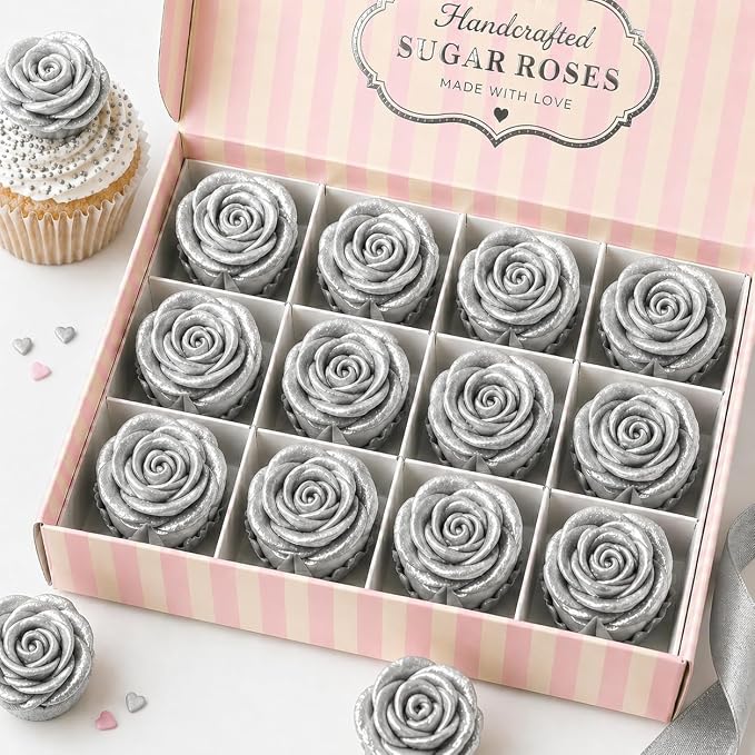 Confect Metallic Edible Shimmering Christmas Silver Roses | Edible Cupcake Toppers | Edible Flower For Cake Decorating | Pack Of 12 Edible Metallic Sugar Flowers for Cake Decorating
