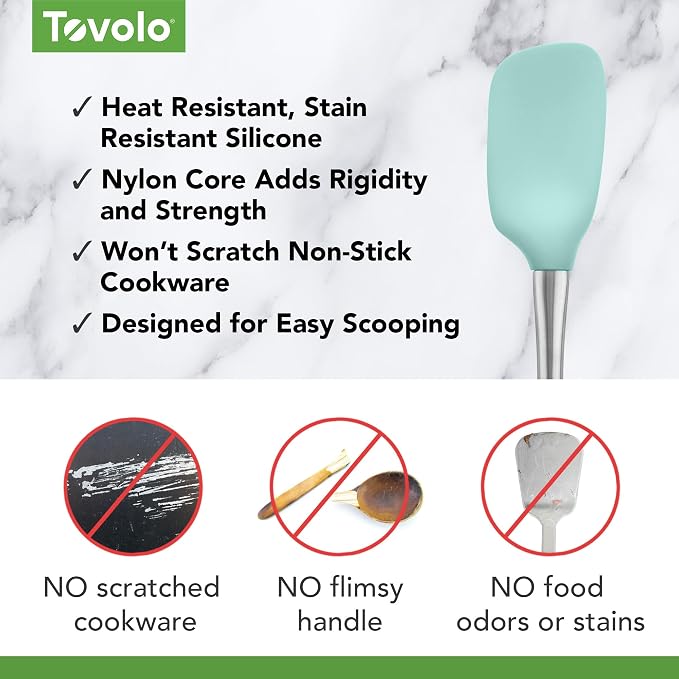 Tovolo Spoon Spatula Spoonula with Stainless Steel Handle Ergonomic Grip Aqua Seafoam Green, Silicone Scoopula Kitchen Utensil Non Scratch Easy Clean Dishwasher Safe Heat Resistant Scoop Spatula
