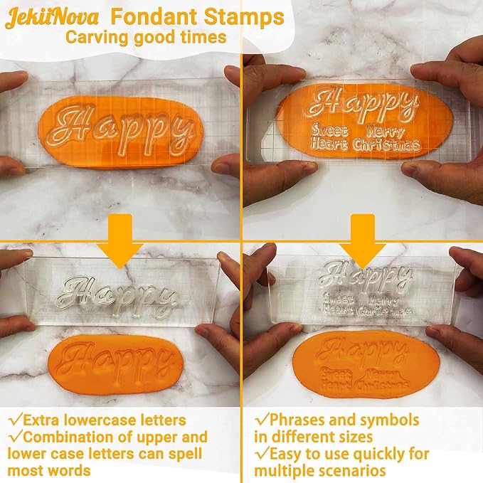 4 PCS Alphabet Letter Fondant Stamps for Biscuit Cake Cookie, Upgraded Food Grade Alphabet Cake Stamp Tool Uppercase Extra Spare Lowercase Numbers Phrases for Christmas Party Reusable Cookie Stamp