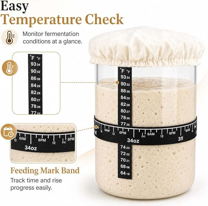 Sourdough Starter 35 Oz Jar,Glass Sourdough Bread Baking Supplies with Wooden Handle Lid,Sour Dough Bread Starter Jar Kit,Date Marked Feeding Band,Thermometer,Silicone Scraper,Sewn Cloth Cover