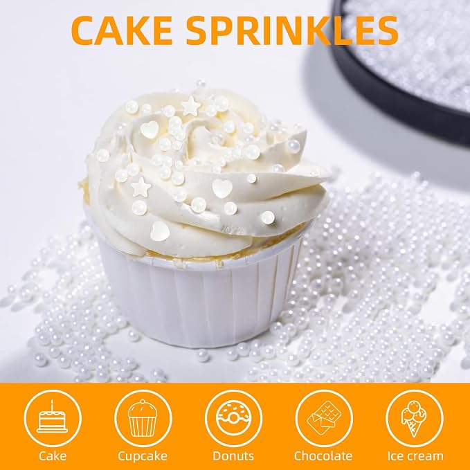 Kasvan White Pearl Sugar Sprinkles, 6 Sizes Mix for Cake Decorating, 230g/8.1oz, Ice Cream Toppings and Cookie Decorating, Wedding Party Chirstmas Supplies (White)