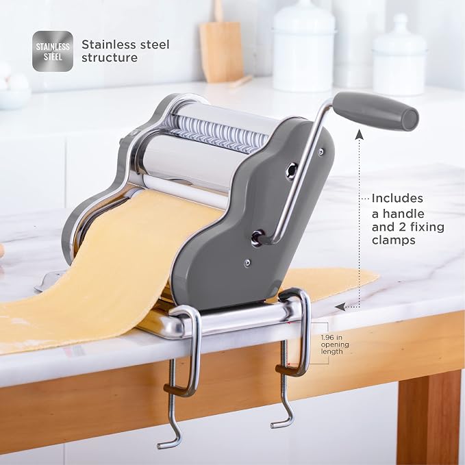 PASTALINDAClassic 200 Pasta Maker Machine, 20 cm Wide Rollers, 9 Thickness Positions, 2 Cutting Positions, Stainless Steel. Includes Reinforced Hand Crank And Two Clamps (Gray)