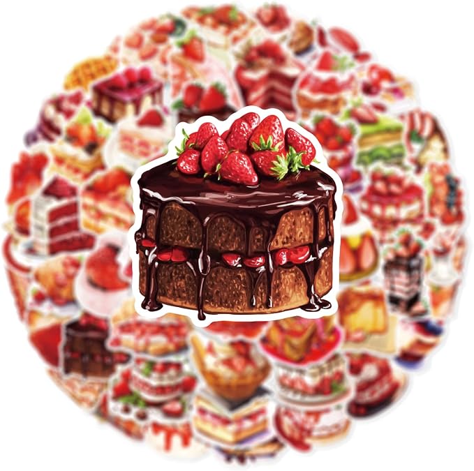 50 Pcs Cute Strawberry Dessert Stickers, Watercolor Food Stickers, Waterproof Vinyl Stickers for Journals, Water Bottles, Laptops, Scrapbooking (Strawberry Dessert)