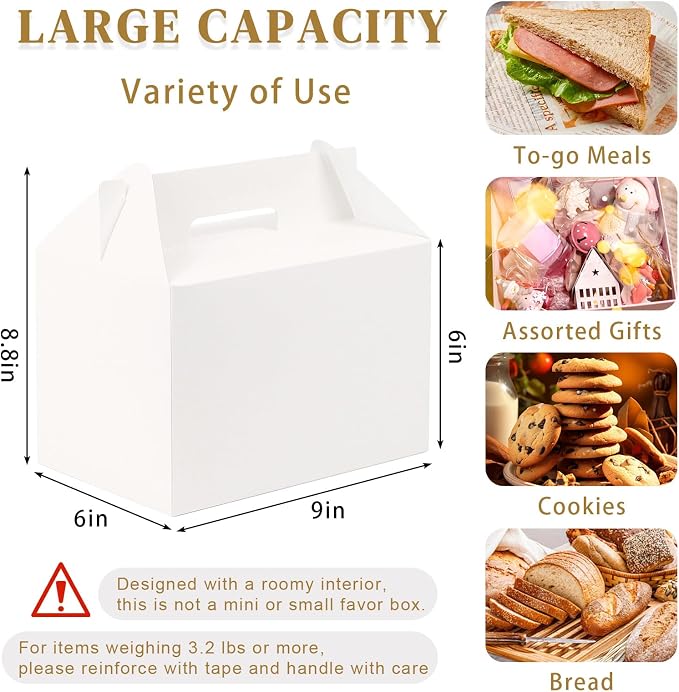 TryDrem 30 Pack Large Gable Boxes with Handles, 9x6x6 Inch Spacious Capacity Party Favor Boxes, White Treat Box for Gifts, Bread, Cookies, Lunch, Bakery, Wedding, Birthday, Picnic