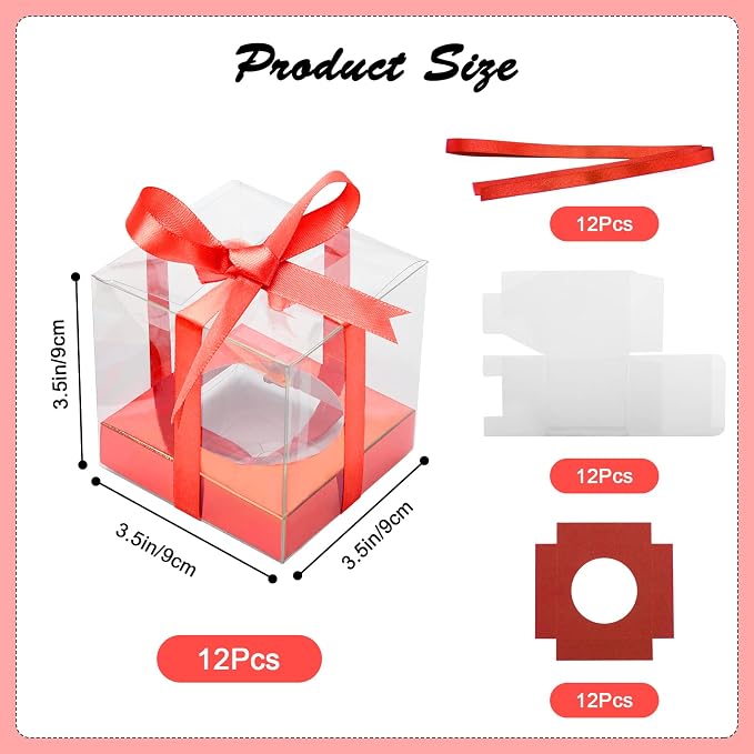 12 Pack Clear Plastic Cupcake Boxes, 3.5 Inch Gold Single Cupcake Containers Disposable Individual Cup Cake Carrier Holder Boxes with Inserts and Ribbon (Red)