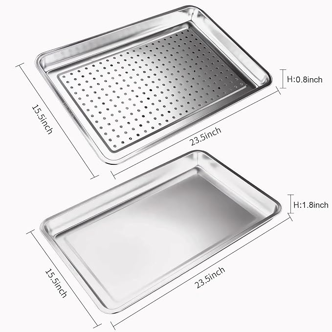 23.5"x15.5" 304 Stainless Steel Baking Pan & Crisping Tray Set | 2-Pack, Heavy Duty, Uncoated Non-Toxic, Commercial Grade, Deep Solid Pan & Perforated Tray, For Roasting Thawing Draining