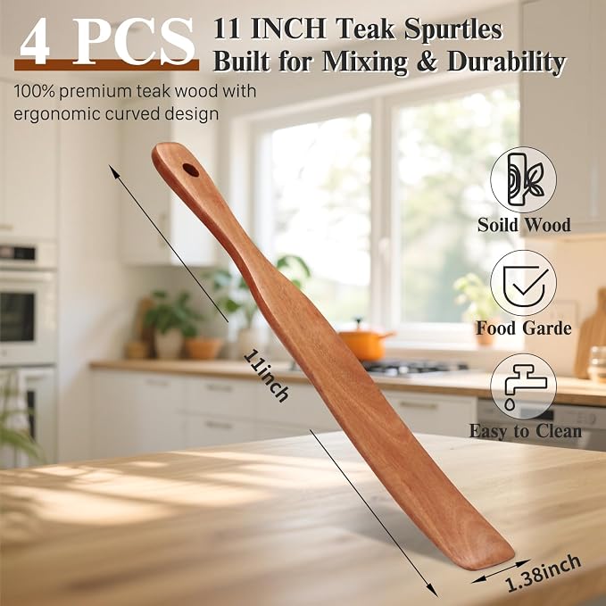 4Pcs Skinny Spurtle for Sourdough Starter, Reaching Bottom of Jars, Dough Whisk, Stirring, Mixing, Spreading, Wooden Stir Spurtles, Kitchen Tools for NonStick Cookware, Gift for Sourdough Lovers