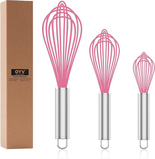 OYV Pink Silicone Whisk, Professional Whisks For Cooking Non-Scratch, Stainless Steel & Silicone Wisk, Plastic Rubber Whisk Tool For Nonstick Cookware Pans, Silicon Wisks Set of 3
