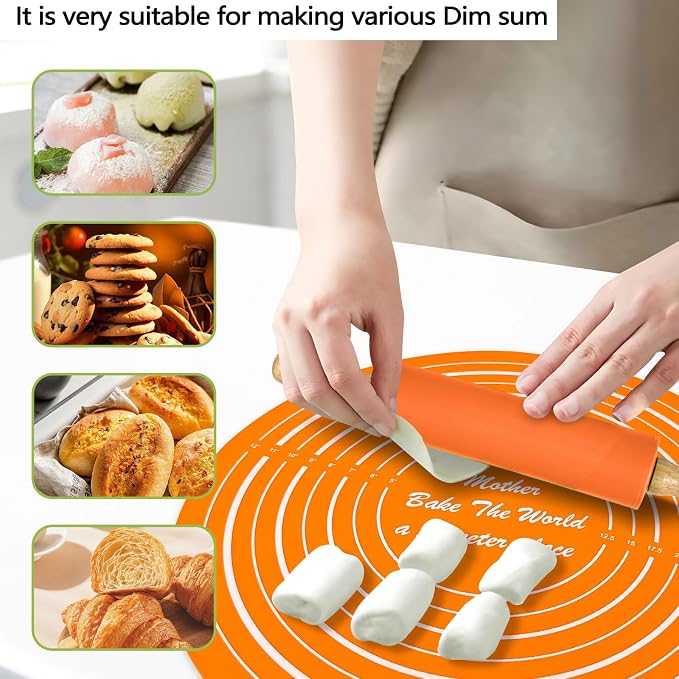 Silicone Rolling Pin Backing Mat Set, 13" Dough Roller with Non Stick Pastry Sheet, Small Fondant Roller Round Kneading Mat for Bread Cookie Pie Pizza Sourdough Kitchen (Orange)