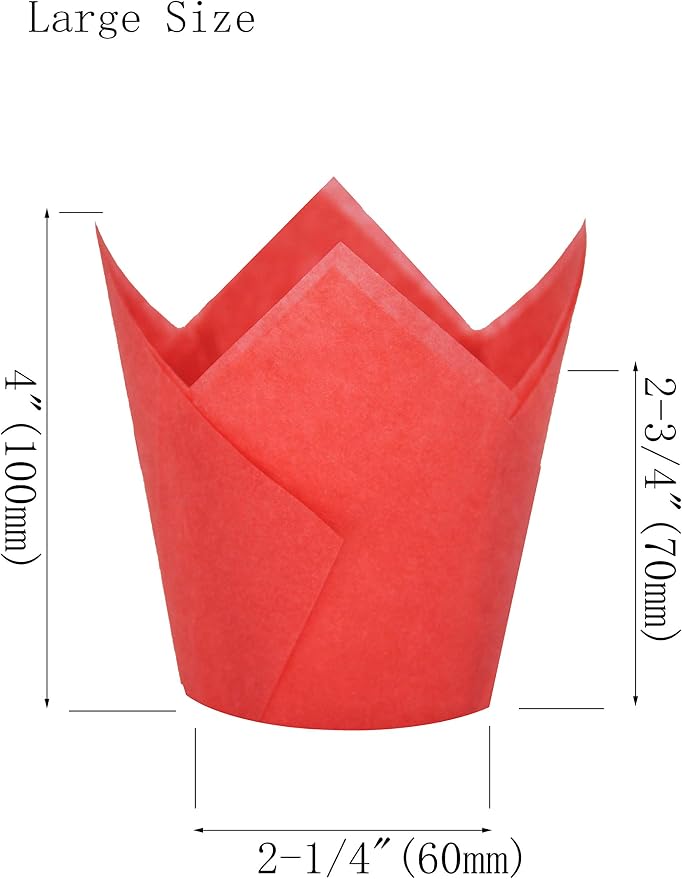 QLSmypkg Large Greaseproof paper Wrappers Muffin Baking cupcake cups liners, 2-1/4" x 4" Natural,Red,Yellow 3 colours in a box Tulip Baking Cups Holders 125 pcs (Large) (125, Multi Red,Yellow,Natural)