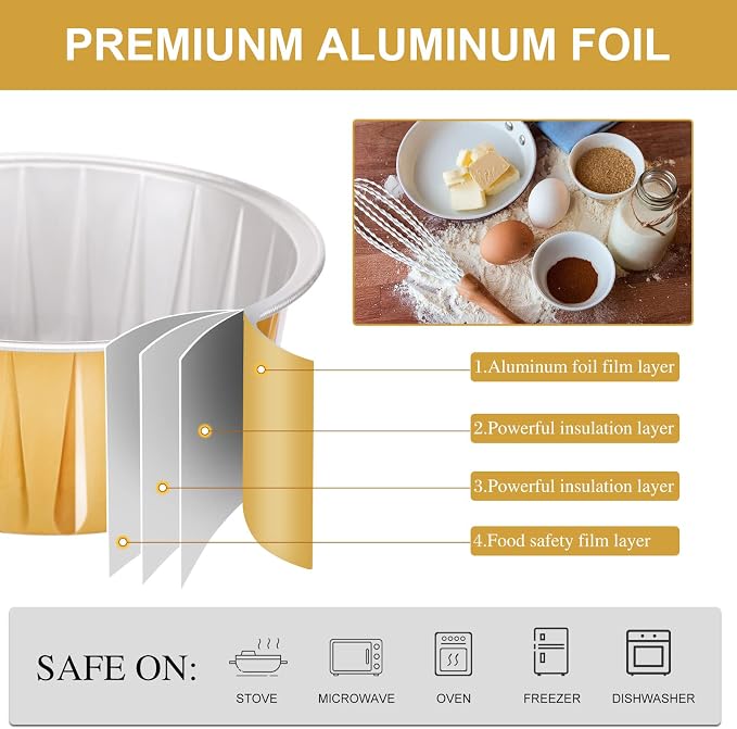 200 Pack Aluminum Foil Cupcake Liners with Lids, 5 oz Round Baking Cup, Disposable Ramekin Container for Graduation Wedding Independence Day Party(Gold,Plain)