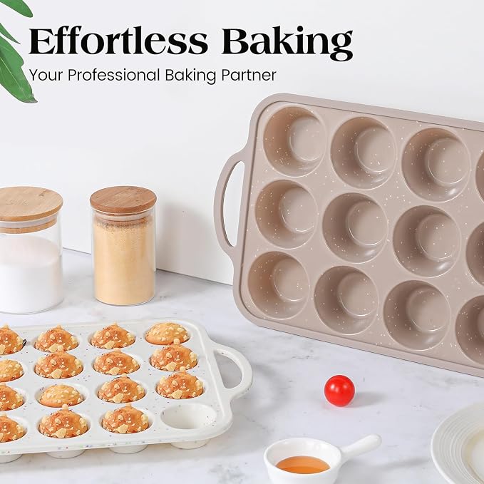 Vinino 2Packs Silicone Muffin Pans for Baking with Metal Reinforced Frame, 12 Cups Regular and 24 Cups Mini Nonstick Cupcake Pan, BPA Free Oven Dishwasher Safe Baking Mold for Muffins Cupcakes