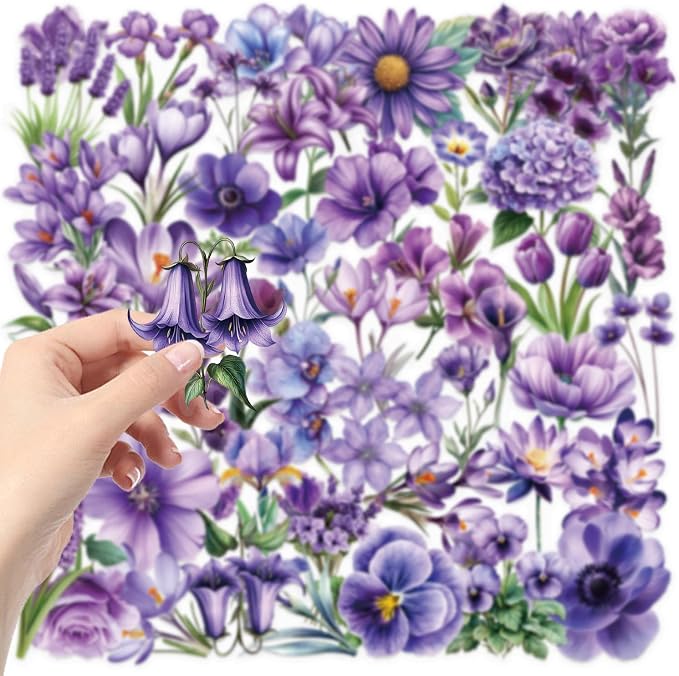 50Pcs Transparent Purple Flowers Stickers