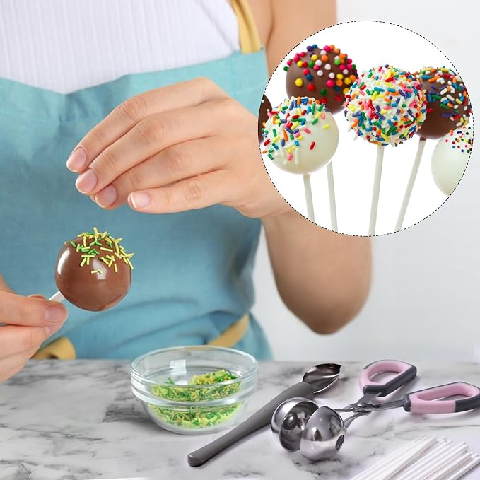 Cake Pop Kit Including 200 pcs 6 inch Lollipop Sticks and 200 Clear Wrappers, 35 Hole Clear Acrylic Display Stand, Metal Baller Scoop, Culinary Decorating Scooper, 200 pcsTwist Ties