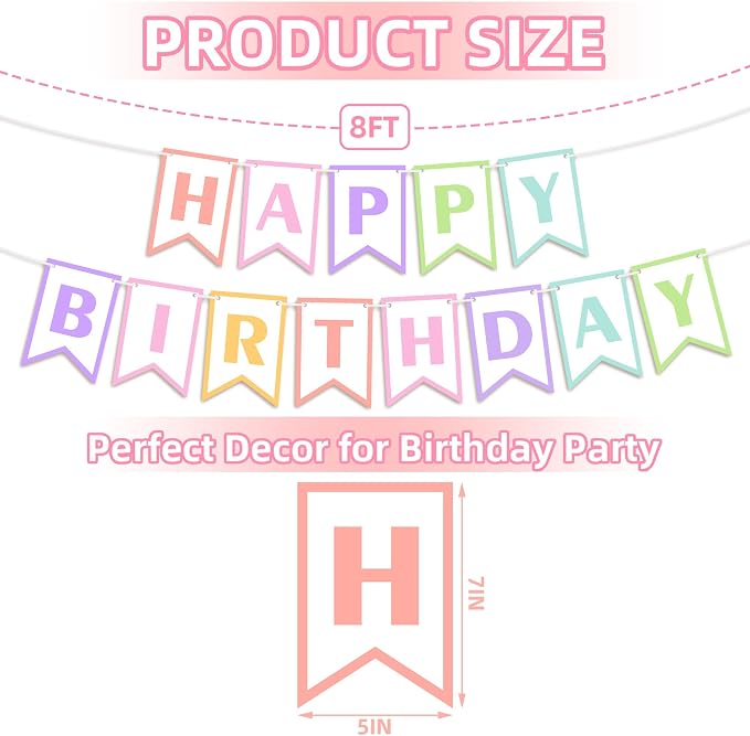 Happy Birthday Banner 8ft Pastel Macaron Party Decorations, Easy Assembly Birthday Sign Garland Kit for Women Girls Kids, Hanging Bunting Banner for Wall Door Celebration Decor