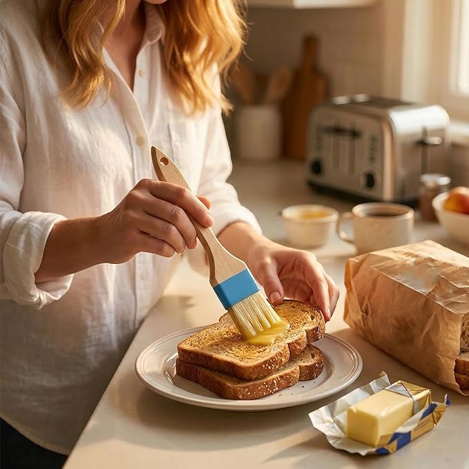 2 PCS 1.5 Inch Natural Bristle Pastry Brush, Pastry Basting Brush - Food Grade, Heat Resistant Wooden Handle Butter Brush, Basting Brush for Cooking, BBQ, Baking, Egg Wash, Oil, Blue